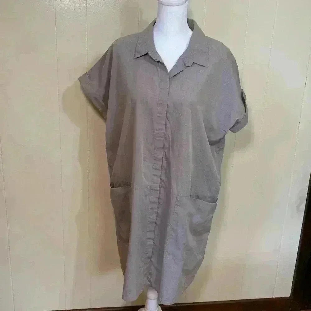 Ellison Gray Button Front Shirt Dress Size Large. Oversized Pockets, Lagenlook